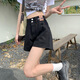 鉑吶苓牛仔短褲女2025年夏季高腰薄款新款寬松顯瘦小個子a字闊腿熱褲 牛仔短褲【黑色雙扣】 M 推薦95-105斤
