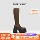 CHERY KALLY【吳宣儀同款】氣質厚底高筒靴女士2025新款復古棕色時尚彈力靴 咖啡色 37