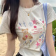 嵐玘正肩短袖女潮流t恤夏季新款2025年短款印花上衣洋氣顯瘦遮肚子 花朵熊印花短袖【白色】 XL 【建議105-115斤】