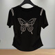 珞妮短袖t恤女夏季2026新款露肩鑲鉆蝴蝶捏褶設計感寬松顯瘦上衣女裝 黑色【燙鉆蝴蝶】 2XL 建議130-145斤