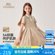 英氏（YEEHOO）女童連衣裙兒童裙子中大童裝短袖學(xué)院百褶抗菌涼感夏 卡其  160 