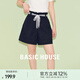 百家好（Basic House）Basic House/百家好純色百搭休閑蕾絲系帶設(shè)計感夏季新款收腰短褲 藏青 M