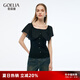 歌莉婭短款t恤上衣女夏2025新款設計感荷葉領小個子穿搭1E6R3I290 00B黑色 L
