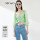 MO&Co.夏碎花上衣短款蠶絲混紡法式夏威夷襯衫束腰襯衣泰式襯衫 白底綠印花 S 160
