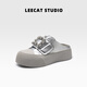 LEECAT STUDIO夏季厚底水鉆魔術(shù)貼涼鞋女款2025新款時(shí)尚百搭一腳蹬真皮包頭拖鞋 銀色 （4CM） 36