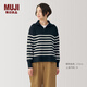 無(wú)印良品（MUJI）女式水洗米蘭諾羅紋針織半拉鏈毛衣長(zhǎng)袖女款女裝針織衫冬季條紋 藏青色條紋 XL (165/92A)