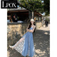 LPOX裙子女夏季2025新款設計感重工蕾絲拼接吊帶連衣裙女顯瘦A字長(cháng)裙 藍色 M
