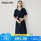 兆君2025春夏桑蠶絲新款短袖連衣裙女系帶收腰純色真絲雙縐裙子 藏青 L