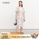 AMII2025夏新款圓領(lǐng)水墨印花壓褶連袖雪紡連衣裙女法式度假風(fēng)裙子 米灰 XL 170/92A