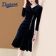 Dudant奢侈高檔品牌金絲絨連衣裙女春秋2026新款氣質(zhì)v領(lǐng)顯瘦魚(yú)尾裙16783 藍色 XL