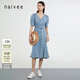 納薇（naivee）商場同款夏新款設(shè)計感復(fù)古港風(fēng)高腰泡泡袖魚尾連衣裙女 藍(lán)色 M