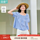 茵曼100棉甜美格子襯衫2025夏季女裝新款收腰褶皺顯瘦泡泡袖襯衣 淺藍(lán)格 M