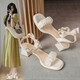 ZHR涼鞋女夏季甜美風(fēng)粗跟女鞋氣質(zhì)蝴蝶結(jié)鞋子女 BL160 米色 37 