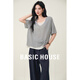 百家好（Basic House）Basic House/百家好假兩件短袖針織衫夏季短款抽繩撞色套頭上衣女 灰色 L