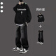 安初夏潮牌青少年衛衣套裝春秋季男生帥氣一套牛仔褲男裝炸街潮流兩件套 黑色衛衣+牛仔褲黑色 【2件套】 XL
