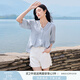 香影【王楚然明星同款】白色娃娃衫上衣女夏含亞麻小衫淡人薄v領(lǐng)襯衫 藍(lán)色 L 165/88A/110-125斤