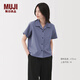 無印良品（MUJI）女式 易干彈力泡泡紗開領(lǐng)短袖衫女士襯衫襯衣女款女裝夏季上衣 煙熏藍(lán)色 M (160/84A)