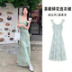 微光里2025春夏新款法式吊帶碎花連衣裙女氣質(zhì)修身超美海邊度假沙灘長裙 茶歇法式碎花裙綠色M碼80-100斤