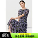 敦奴（DUNNU）2025夏新款圓領(lǐng)泡泡袖中長(zhǎng)款印花雪紡連衣裙 正黑色 M