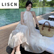 LISCN2026夏季新款法式復古杏色刺繡掛脖連衣裙無(wú)袖露肩大擺度假風(fēng)長(cháng)裙 白杏色 S