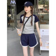 貞喜氣復(fù)古韓系運動套裝女2025跑步健身寬松顯瘦時尚短袖短褲學生小個子 藏藍色 L碼【建議95-110斤】