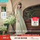 茵曼（INMAN）法式薄荷曼波連衣裙2024夏女裝新品V領(lǐng)燈籠袖抽繩 水沫綠 M