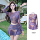渝鼎福 泳衣女分體三件套泡溫泉網(wǎng)紗扎染長(cháng)袖裙式保守性感純欲辣妹 紫色均碼 （120以?xún)龋? title=