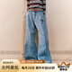 MMLG 87mm 牛仔褲女男秋季新款寬松百搭韓系潮牌直筒條紋闊腿長(zhǎng)褲子 洗水牛仔藍(lán)色 S