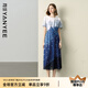 顏域不規(guī)則印花連衣裙女2025夏季新款高腰顯瘦過膝雪紡收腰長裙子 藍花 2XL