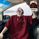 VUUG美式重磅純棉仿刺繡玫瑰印花情侶潮牌街頭短袖T恤 安哥拉紅 XL