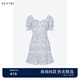 詩(shī)凡黎（'SEIFINI）【商場(chǎng)同款】詩(shī)凡黎方領(lǐng)碎花連衣裙2024秋新款中長(zhǎng)裙女3F7191591 灰藍(lán) M 160/84A