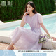 香影薰衣草紫印花連衣裙女2025夏裝新款收腰系帶溫柔風(fēng)泡泡袖裙子 淺紫 S 155/80A/85-95斤