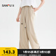 三福休閑褲2025夏季串珠裝飾腰帶寬松棉麻闊腿長(zhǎng)褲女裝503667 卡其色 M