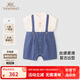 英氏【商場(chǎng)同款】嬰兒衣服夏季短袖透氣小寶寶包屁衣假兩件連體衣 中藍(lán)牛仔 80cm （建議9-18個(gè)月）