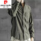 皮爾卡丹（pierre cardin）男士五分袖藍色棉麻亞麻短袖襯衫純棉立領(lǐng)半袖襯衣日系圓領(lǐng)外套夏 C1061-軍綠色-長(cháng)袖 2XL 125-145斤