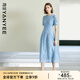 顏域鏤空蕾絲連衣裙女2025夏季新款輕熟風(fēng)高腰收腰修身過(guò)膝短袖裙 淺藍 L