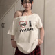 凡伊笑斜肩上衣白色短袖t恤女士露肩夏季衣服新款2025時(shí)尚寬松純欲辣妹 臘腸狗印花白色斜肩短袖 L 【建議105-120斤】