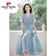 皮爾卡丹（pierre cardin）今年流行漂亮簡(jiǎn)單大方長(cháng)裙感淑女氣質(zhì)藍色雪紡v領(lǐng)連衣裙女夏 連衣裙 今年流行的輕奢品牌 L 建議100-110斤