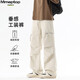 MMOPTOP潮流工裝褲子秋季男士拉鏈褶皺垂感純棉直筒休閑褲8513米白XL