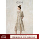EIN國(guó)畫(huà)百花集 EIN言藝術(shù)感美拉藍(lán)線描印花抽褶法式連衣裙春新款 淺杏 L