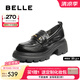 百麗（Belle）復(fù)古抓皺鎏金樂福鞋女2025秋新商場同款牛皮粗跟jk樂福鞋E1Y1DCA5 黑色 37