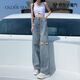 OLDER SEA破洞牛仔褲女2025年夏季新款拖地褲設(shè)計(jì)感小眾加長(zhǎng)版寬松闊腿褲子 藍(lán)色 XL