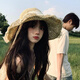 目丸草帽法式夏草編帽子女夏天防曬帽沙灘海邊拍照帽子新款蕾絲遮陽(yáng)帽 米色