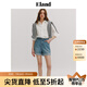 ELAND衣戀牛仔短褲女卷邊褲腳收腰直筒褲2024夏新款 淺牛仔色(56)L/Indigo M