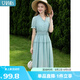 艾蓓怡（I BELIEVE YOU）綠色法式木耳V領(lǐng)泡泡短袖連衣裙女2024夏季新款收腰顯瘦氣質(zhì)裙子 筠霧綠 M