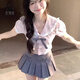 圣雪緹學(xué)院風(fēng)jk制服套裝女夏季韓系甜妹穿搭短袖襯衫半身裙小個(gè)子兩件套 粉色襯衫+灰色百褶裙(套裝) L