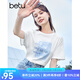 百圖betu女裝夏新款T恤海洋珠片繡印花短袖寬松純棉T恤女2304T20 白色 L