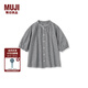 無(wú)印良品（MUJI）大童 強(qiáng)捻 七分袖束腰長(zhǎng)上衣 兒童襯衫女童童裝 25年夏季 黑色格紋 150 /68A