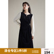 獨(dú)束大碼女裝收腰撞色拼接連衣裙女2023冬季新品法式赫本風(fēng)小黑裙 靜謐黑【160版本】 XL
