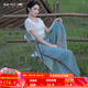 煙花燙小個(gè)子休閑褲女春夏2025新品復(fù)古民族風(fēng)開(kāi)叉闊腿褲子ZG 夏靖 孔雀藍(lán)（褲子） M